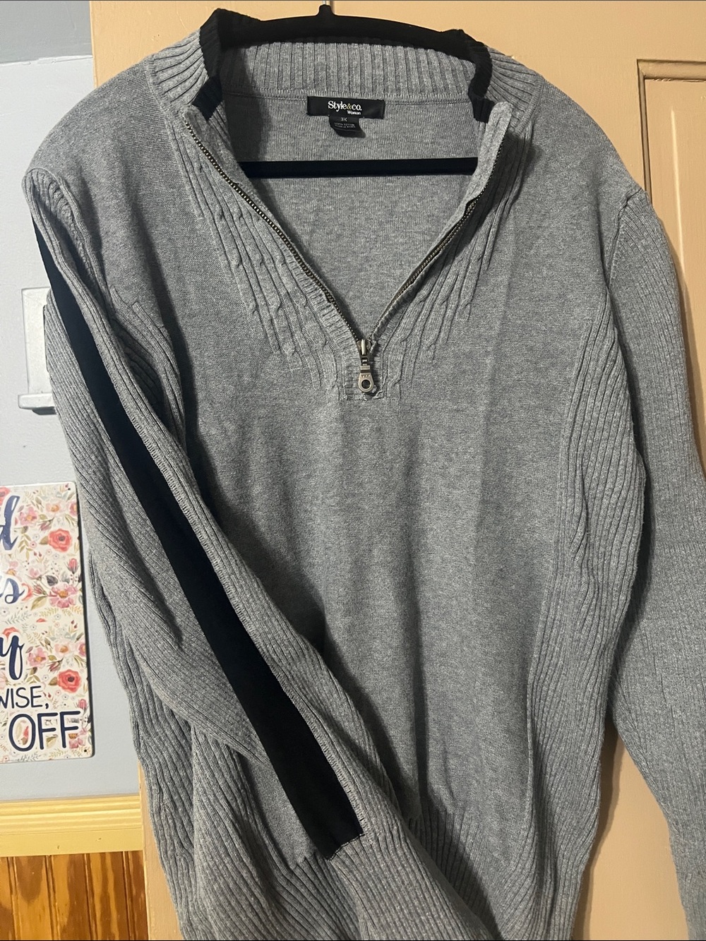 Style & Co. Gray V-Neck Quarter-Zip Sweater with Black Sleeve Stripe